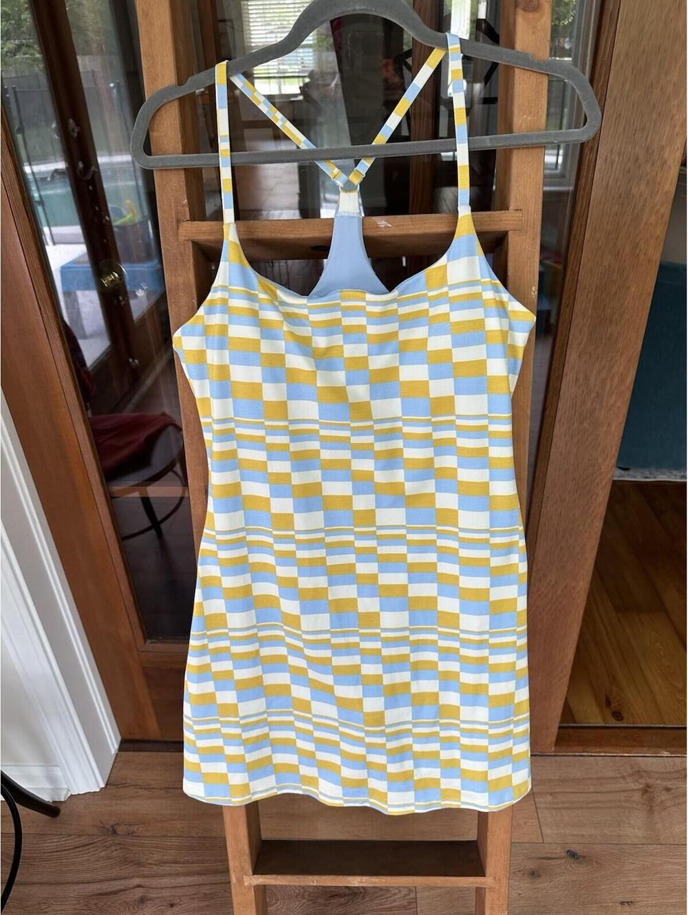 Outdoor Voices TechSweat Move Free Dress Size Large Yellow Blue Checkered Active